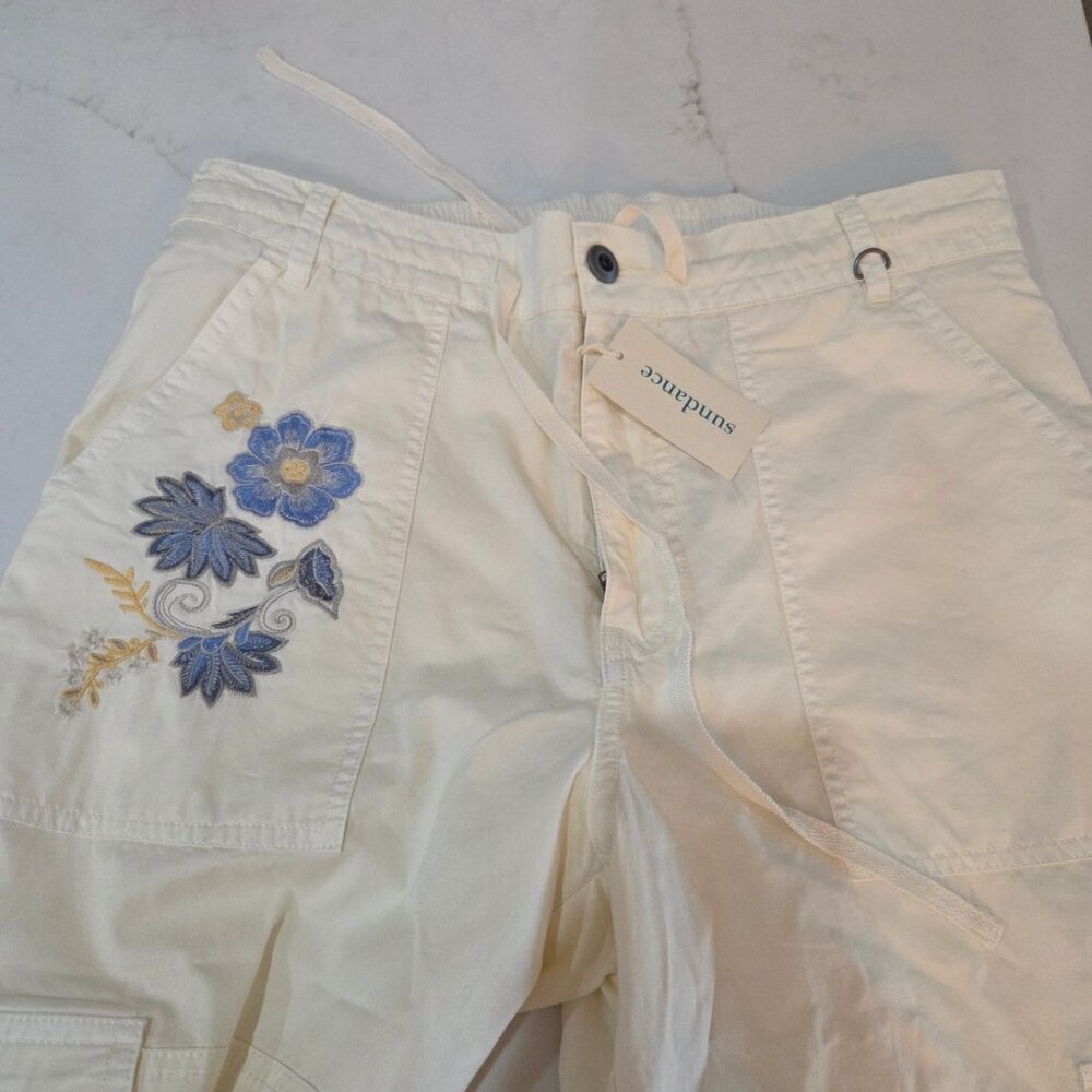NWT! Sundance Starling Floral Embroidered Cargo Pants sz 8 Ivory Blue Flower - Picture 9 of 14